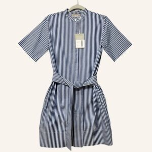 Everlane Cotton Collarless Belted Mini Shirtdress NWT Size 0 Blue White Stripe